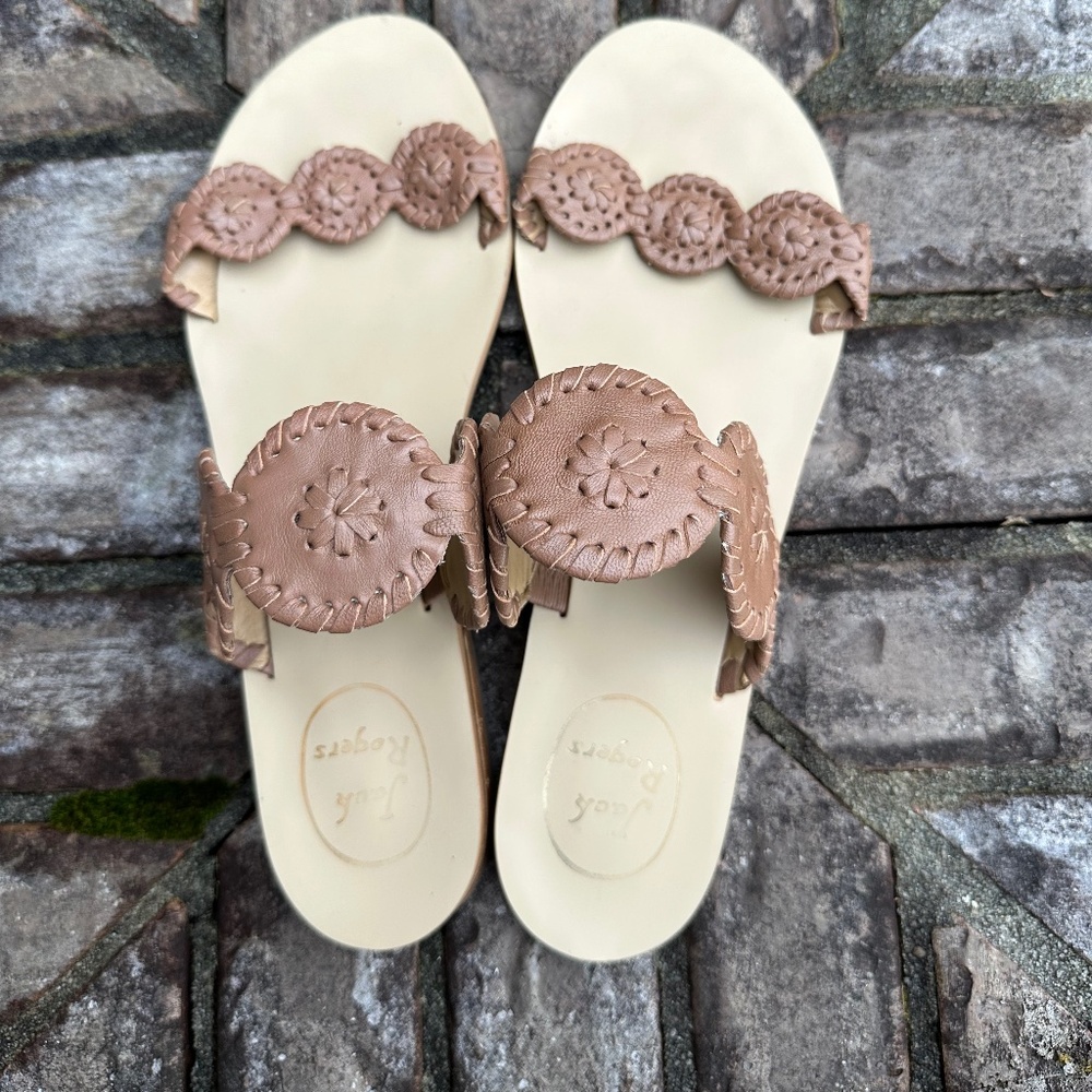 Jack Rogers Brown Leather Medallion 2 Strap Sandals, Size: 9